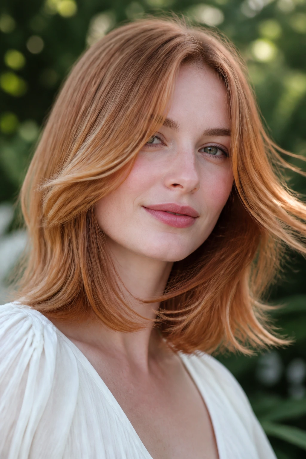 Close-up portrait of a real woman with shoulder-length feathered hair featuring light copper veils in natural garden light