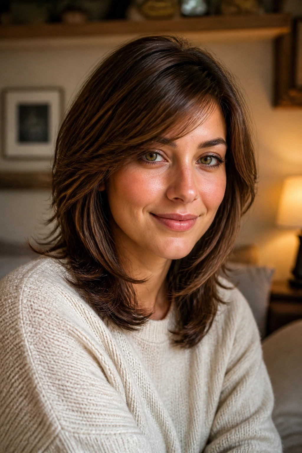 Close-up of a woman with feathered shoulder-length hair and side-swept fringe