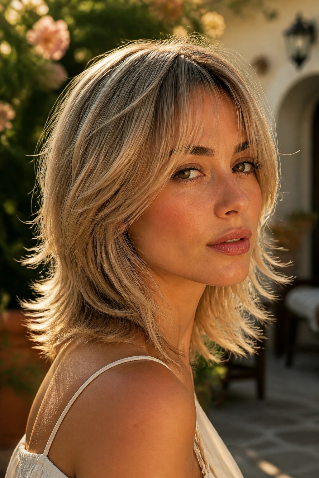 Close-up of a real woman with feathered cut and wispy ends around the face