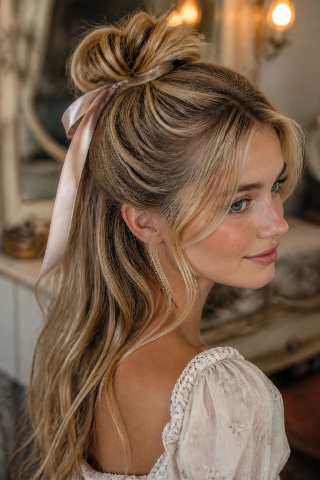 Close-up of a real woman with feathered half-up knot and ribbon
