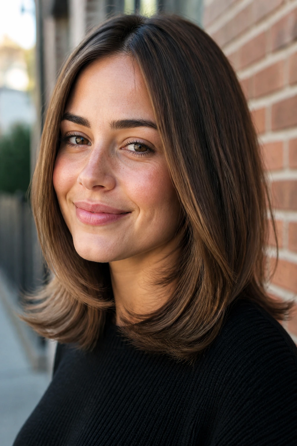 Close-up of real woman with feathered hem flip hairstyle