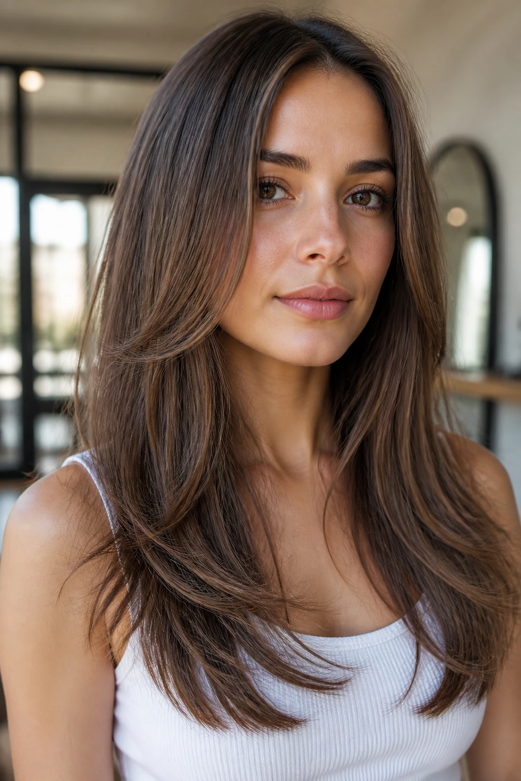 Portrait of a woman with feathered hem layers at the bottom of her hair.