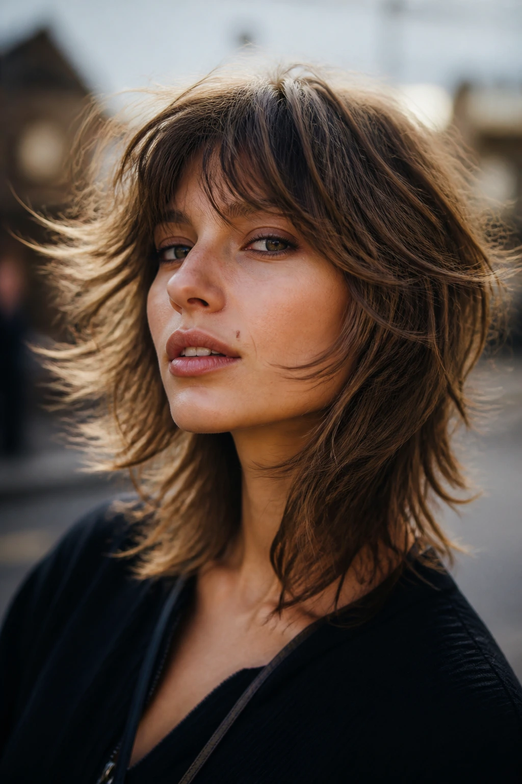 Real person with feathered indie shag showing airy movement in wavy hair
