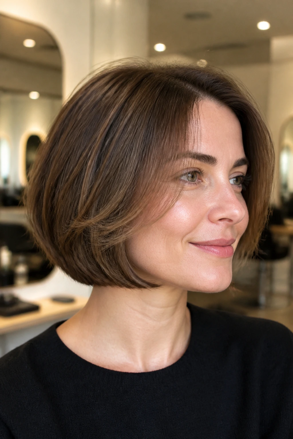 Close-up of real woman with inner-layer feathering in bob