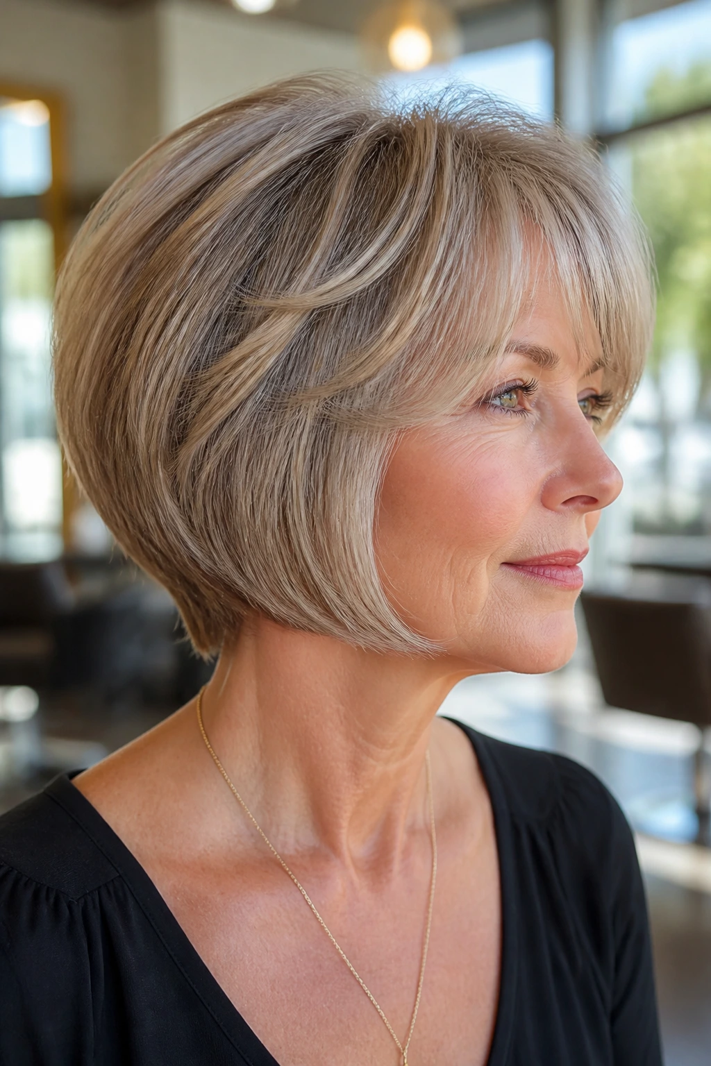 Close-up portrait of a real woman with feathered inverted bob with soft ends in a sunlit salon