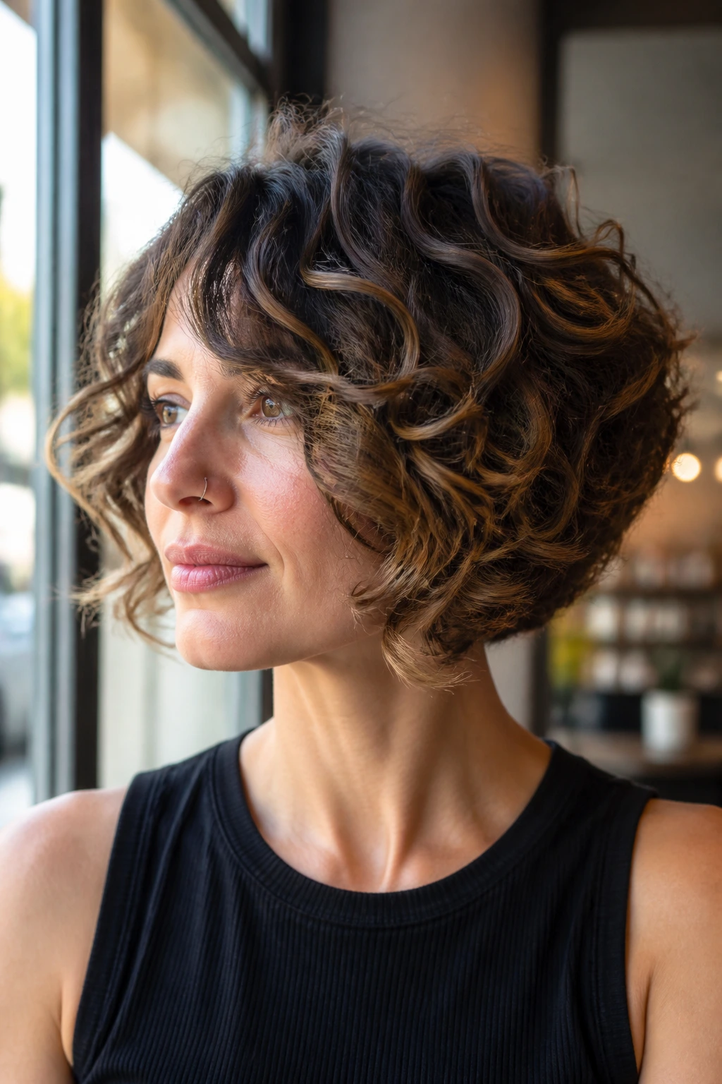 Close-up of a real woman with feathered inverted bob and light babylights