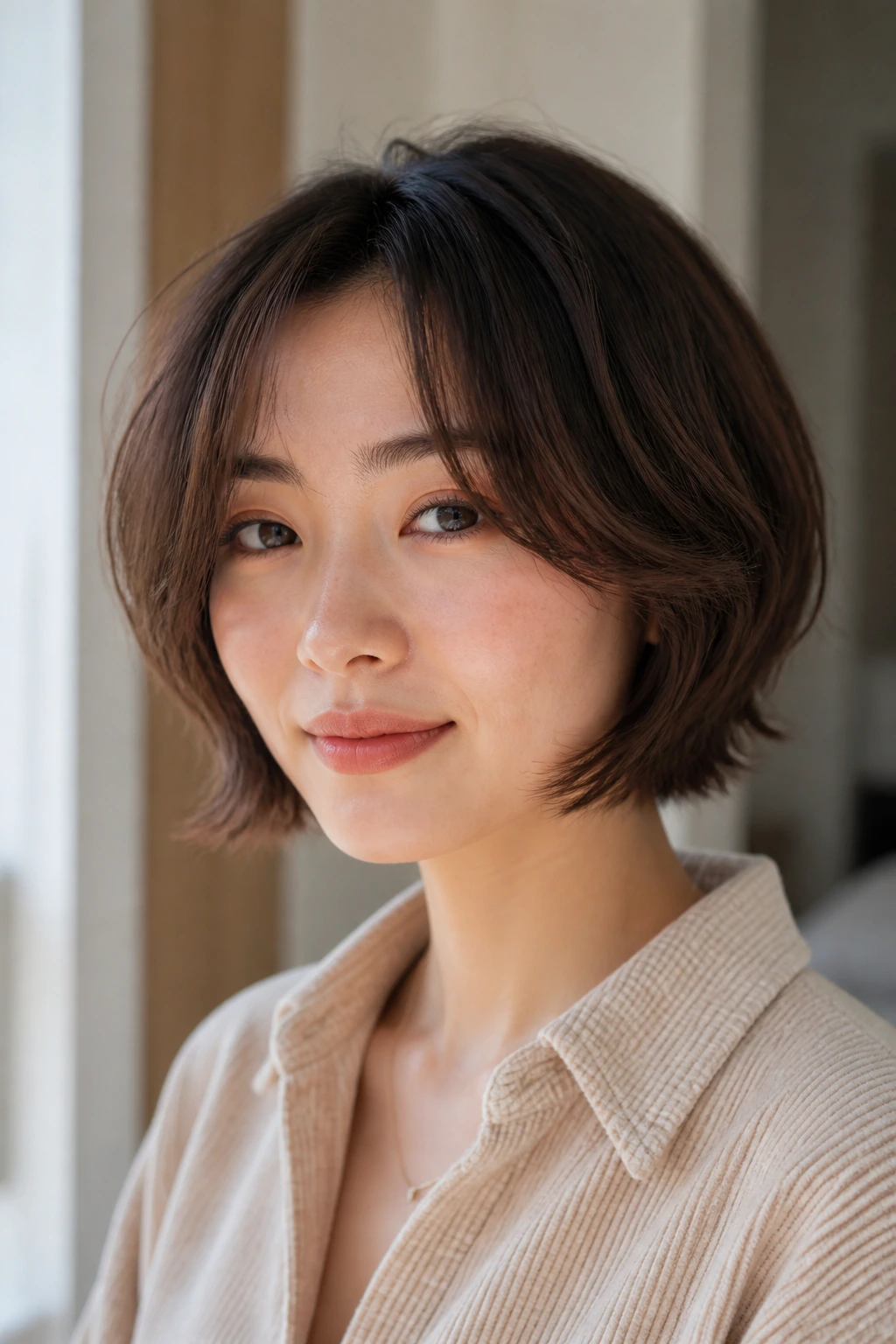 Real woman with feathered jaw-length bob showing soft, airy ends