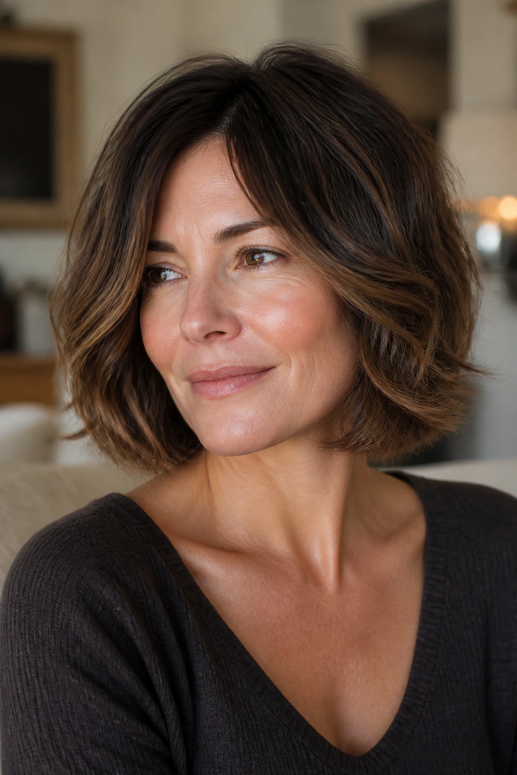 Close-up of a real woman with feathered jaw-softening bob in warm living room light.
