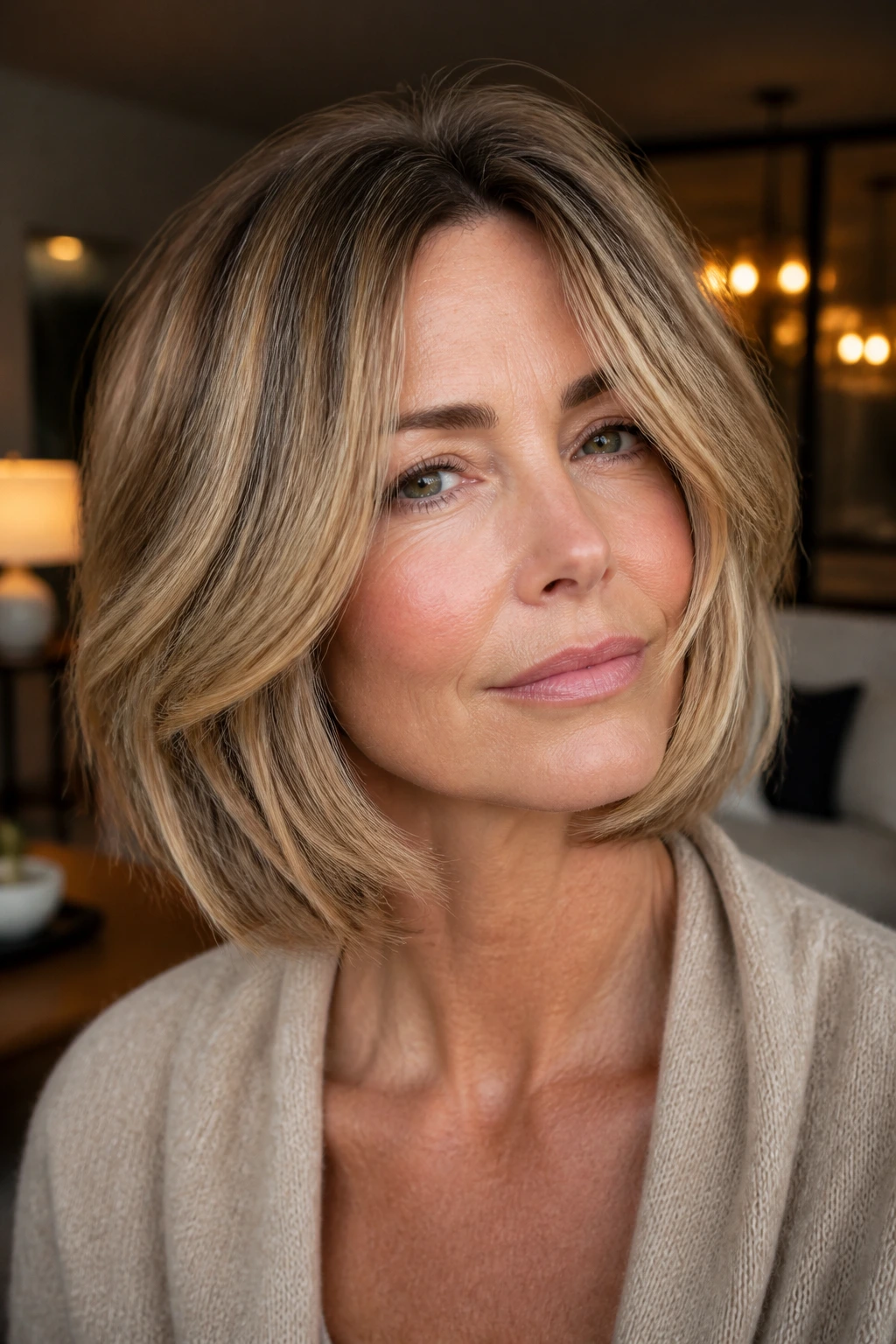 Close-up of a real woman with a feathered jawline bob