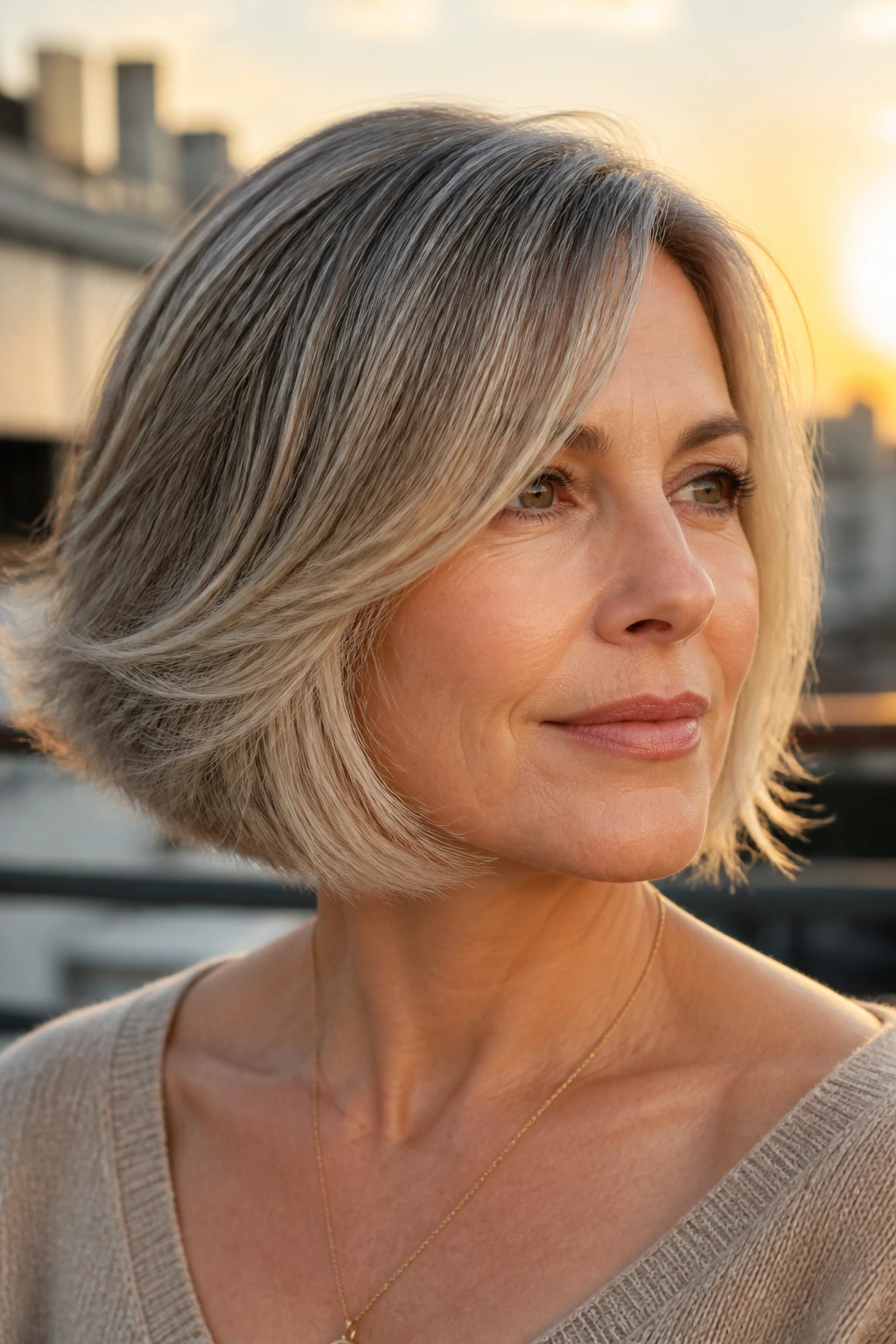 Real woman with feathered jawline bob in warm light.