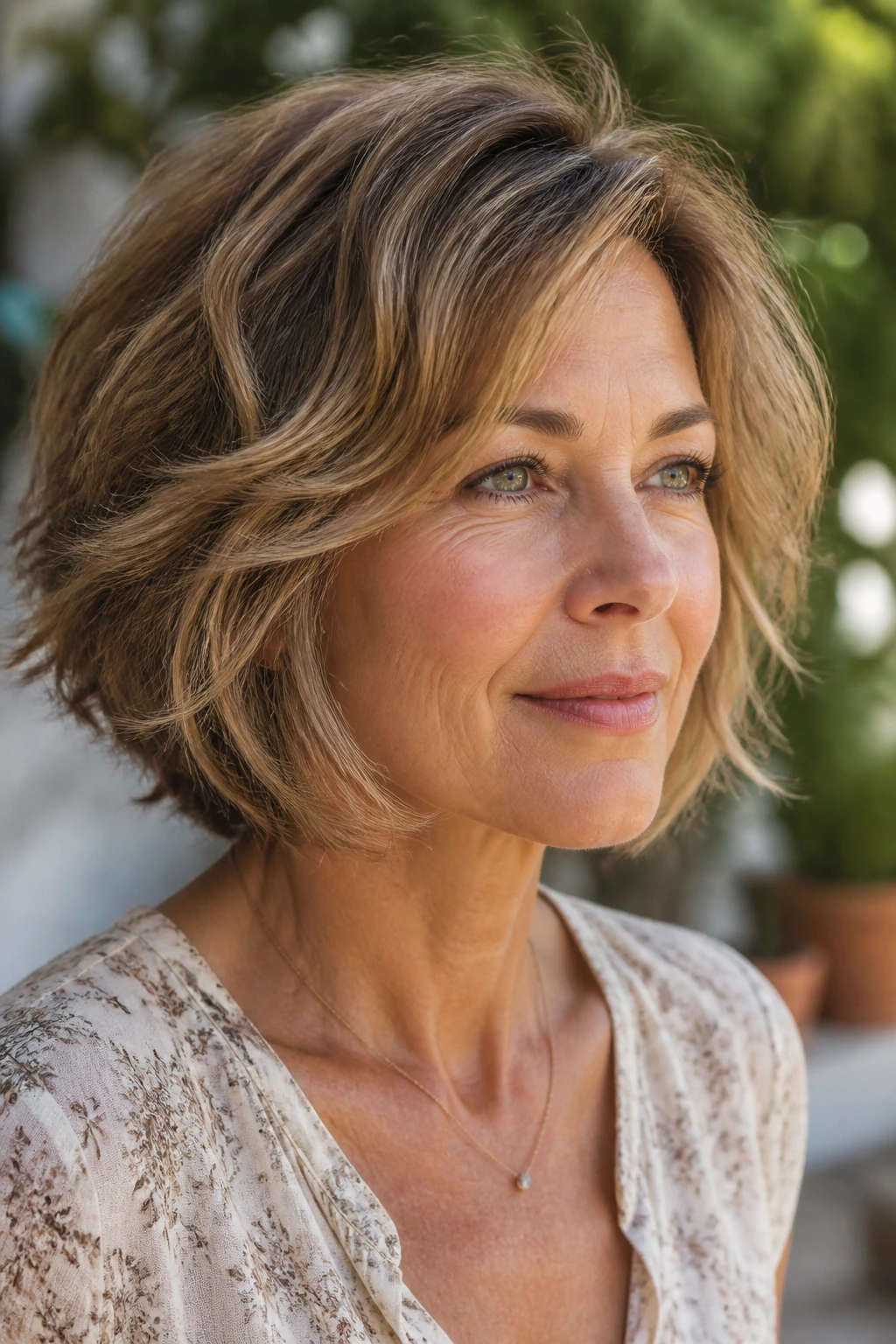Close-up portrait of a real woman with a feathered jawline bob.