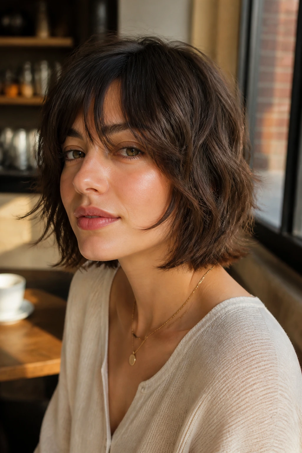 Portrait of a woman with a jawline-length feathered shag in warm window light.