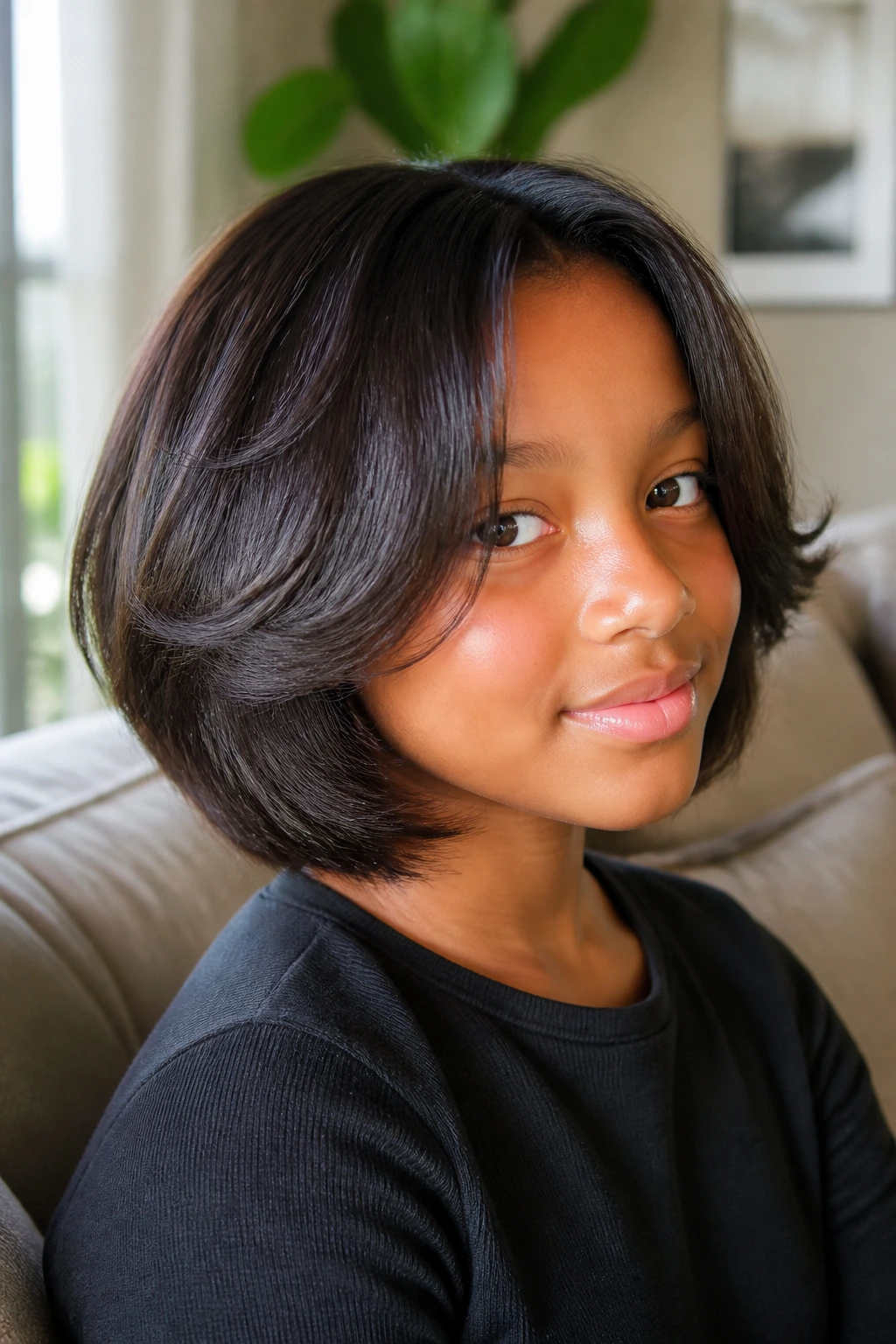Close-up of a real child with a feathered layer bob.
