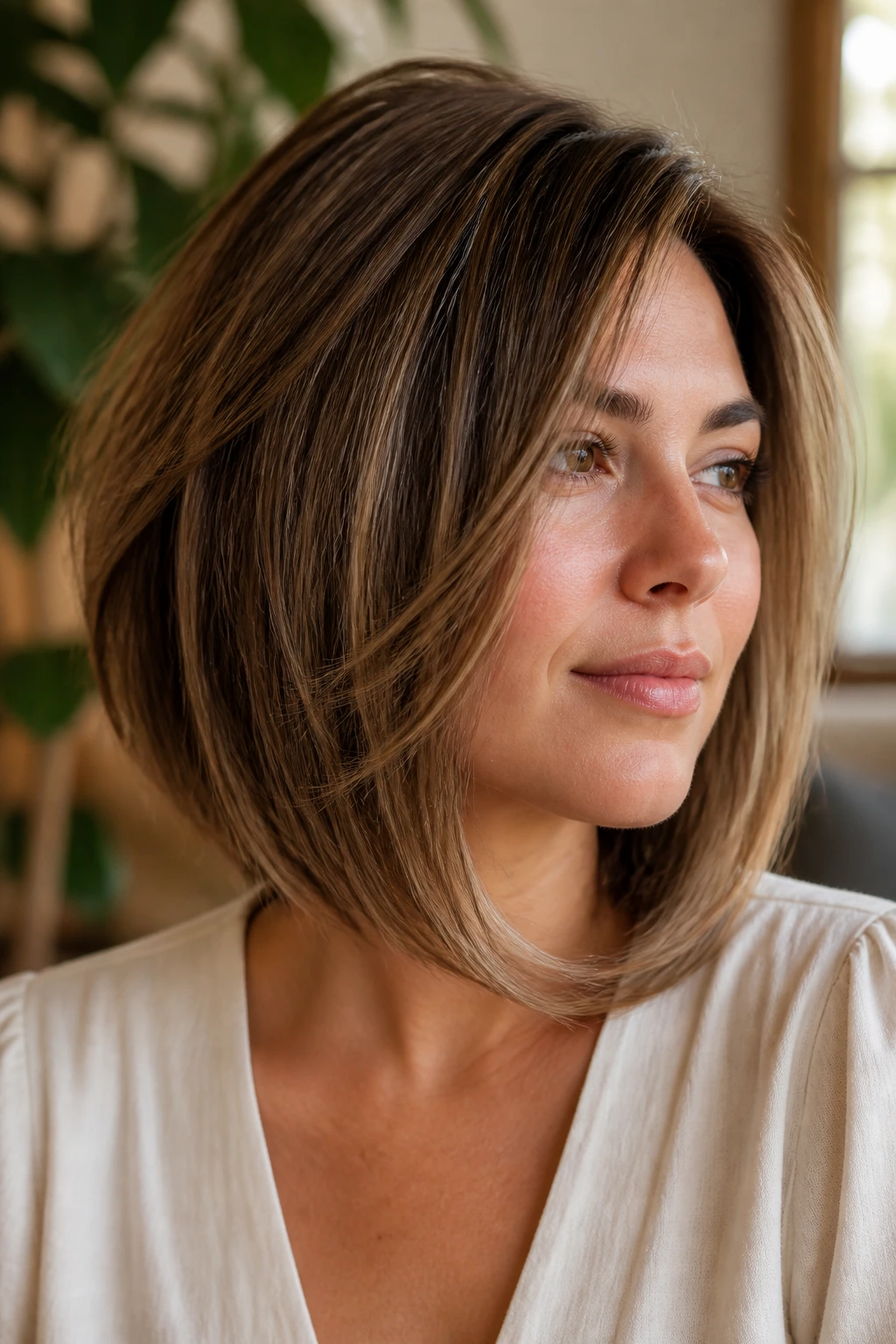 Close-up of a real woman with a feathered layer bob in warm living-room light