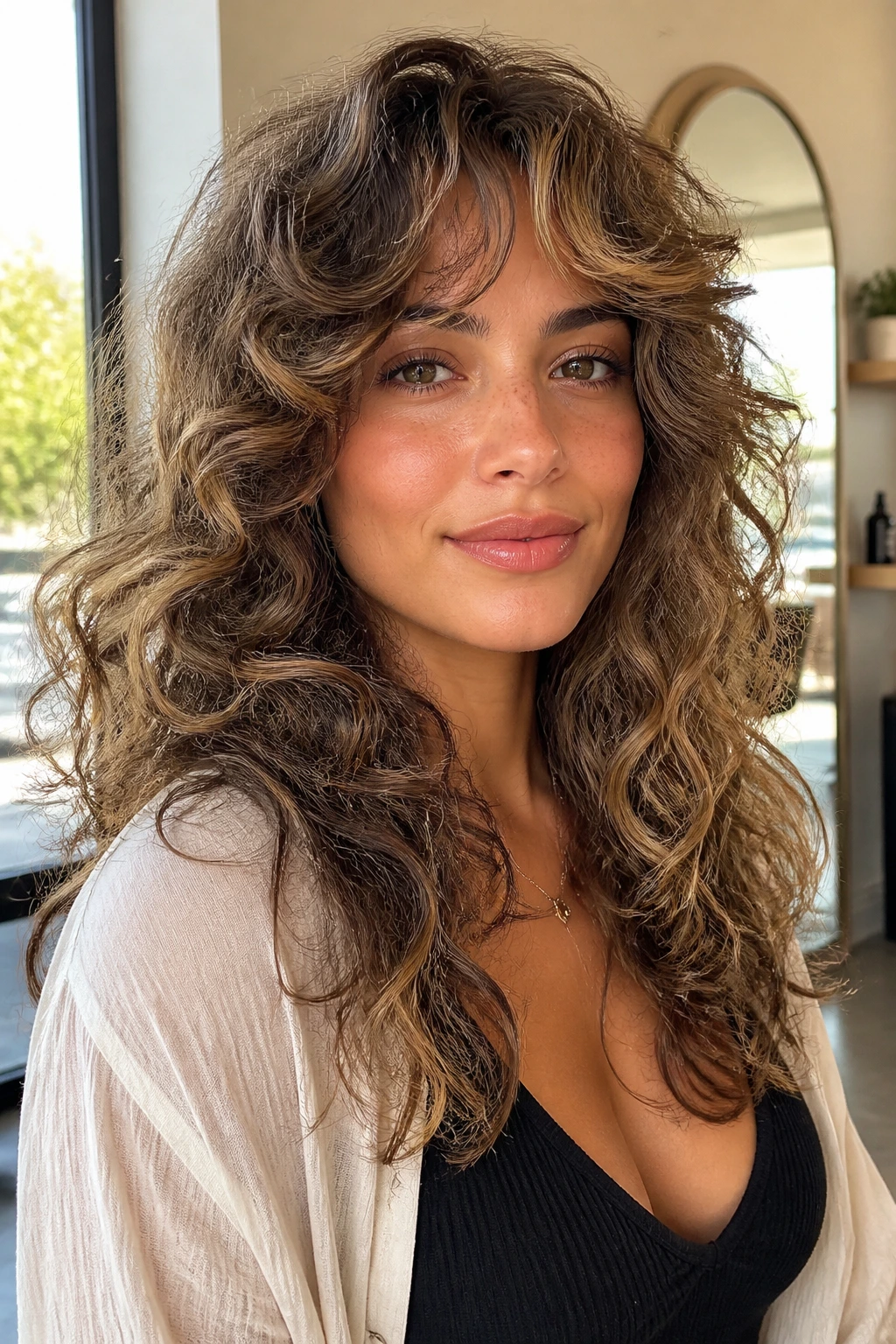 Close-up of a real woman with layered curls showing feathered waves.