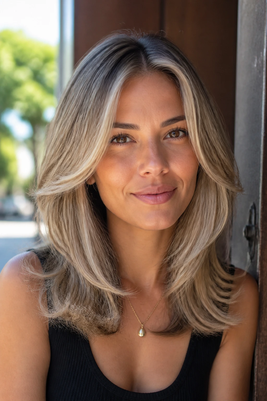 Close-up portrait of a real woman with feathered layered blonde hair