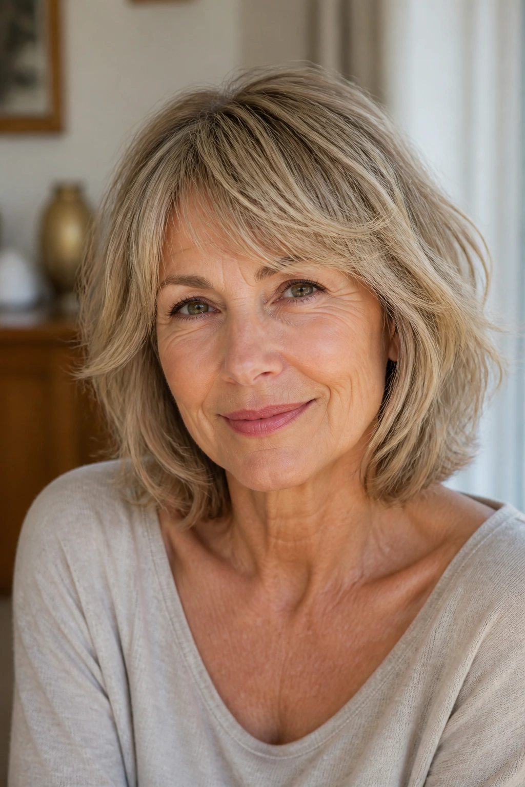Real woman with feathered crown layered bob