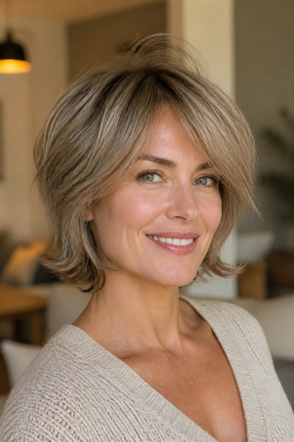 Head-and-shoulders portrait of a person with a feathered layered bob in cool beige ash