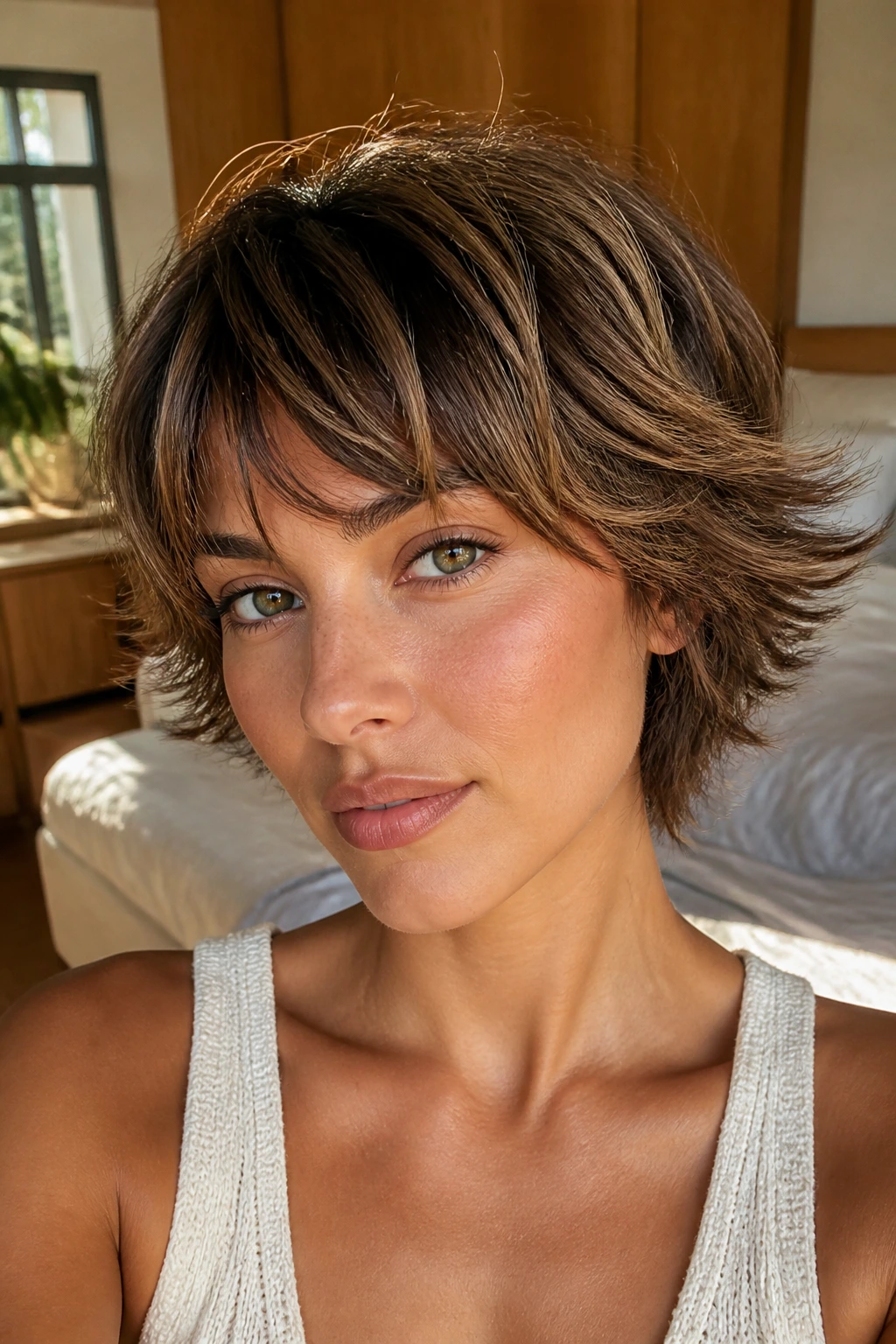Close-up of a woman showing feathered outward ends on a short layered crop