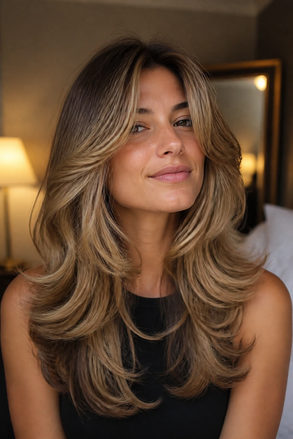 Portrait of a real woman with feathered 70s blowout layers