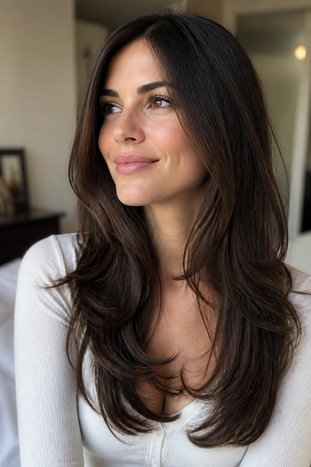 Woman with feathered layers starting below the chin