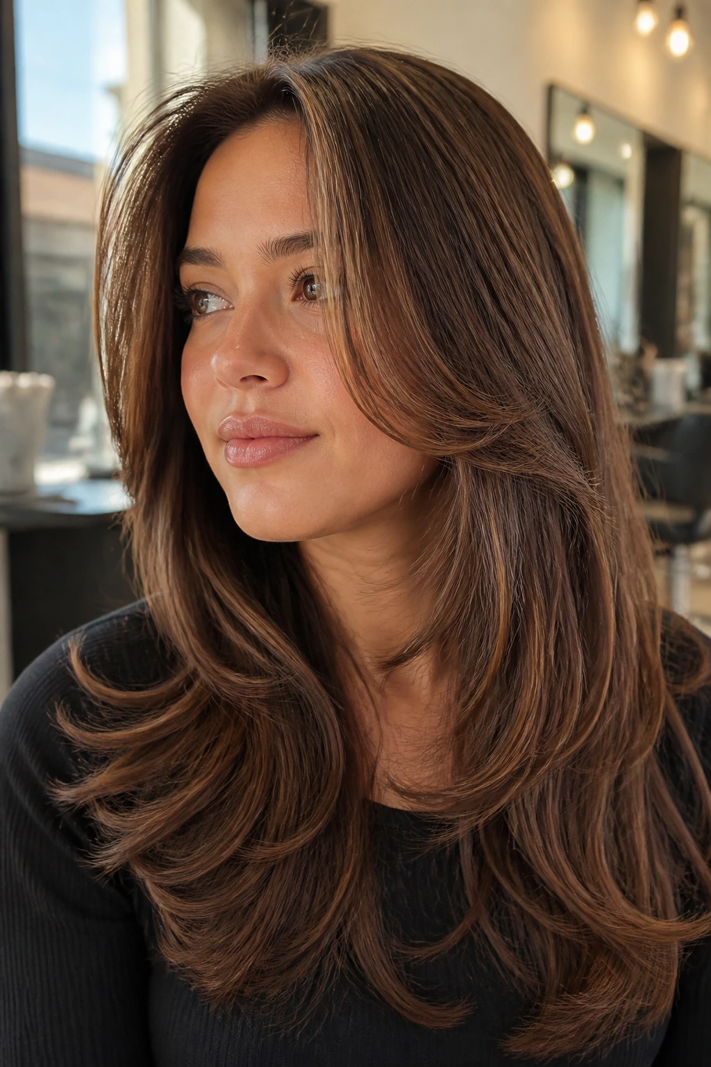 Close-up of a real woman with feathered blowout layers lifting away from the cheeks