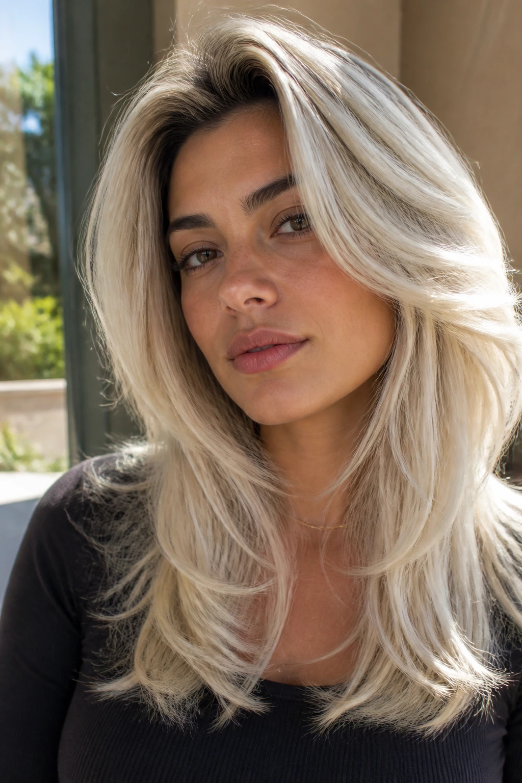 Close-up portrait of person with feathered layers blowout and platinum hair on olive skin