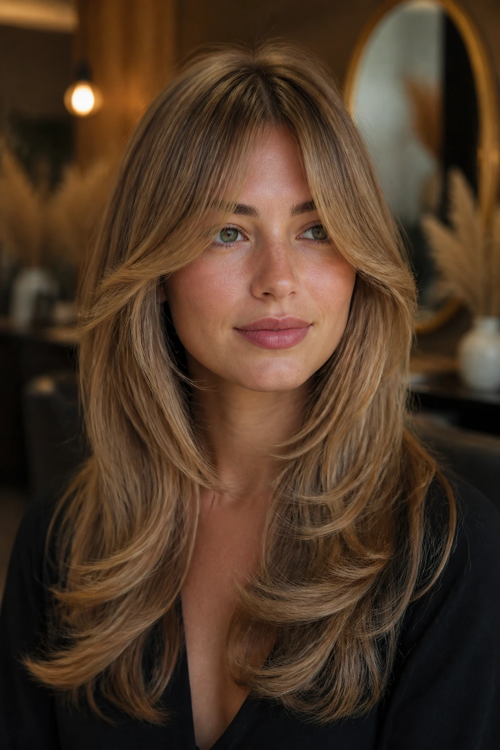 Portrait showing feathered blowout layers and bottleneck fringe
