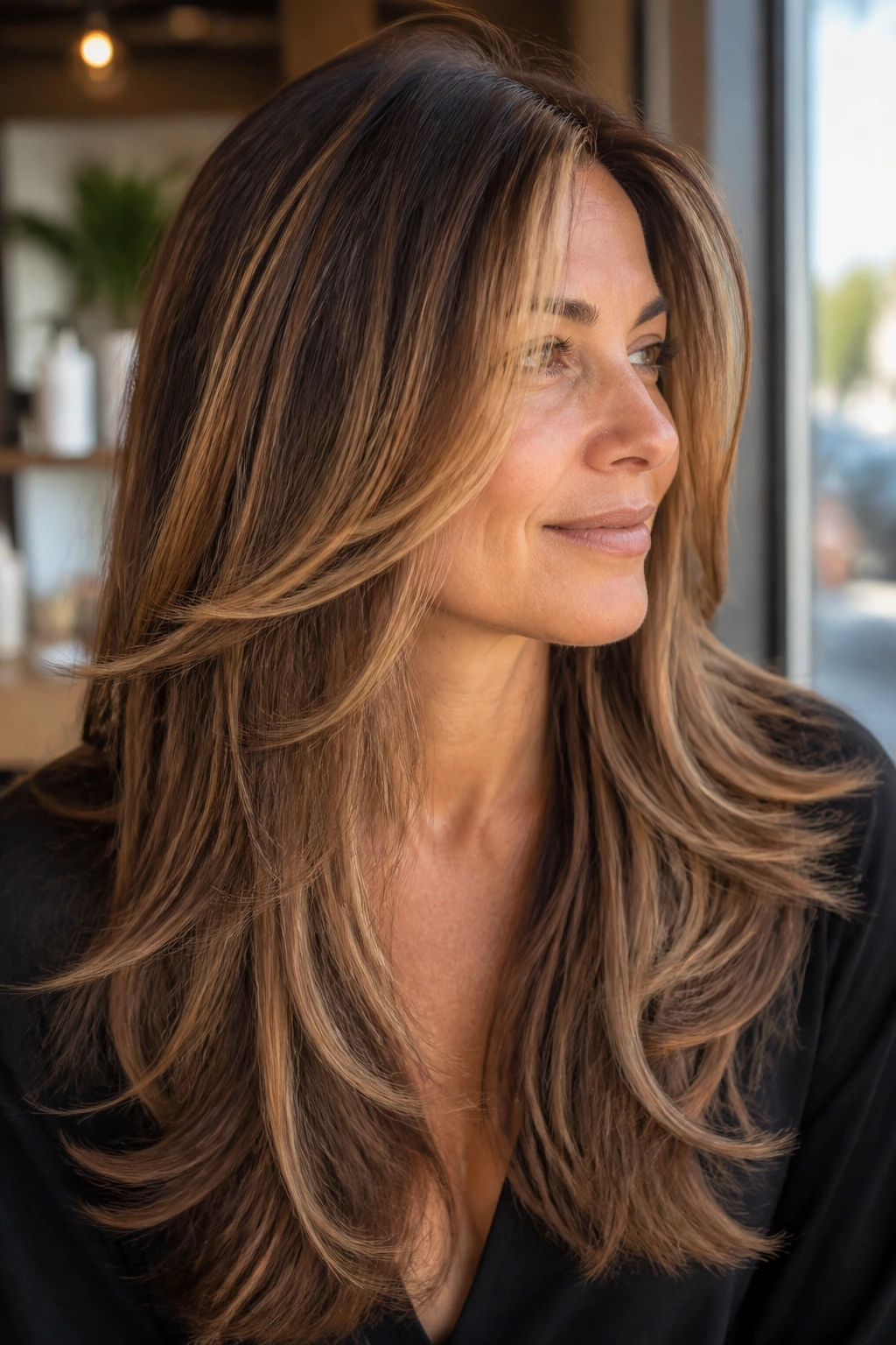 Close-up portrait of a real woman with feathered long layers and caramel ribbons in her hair, softly lit.