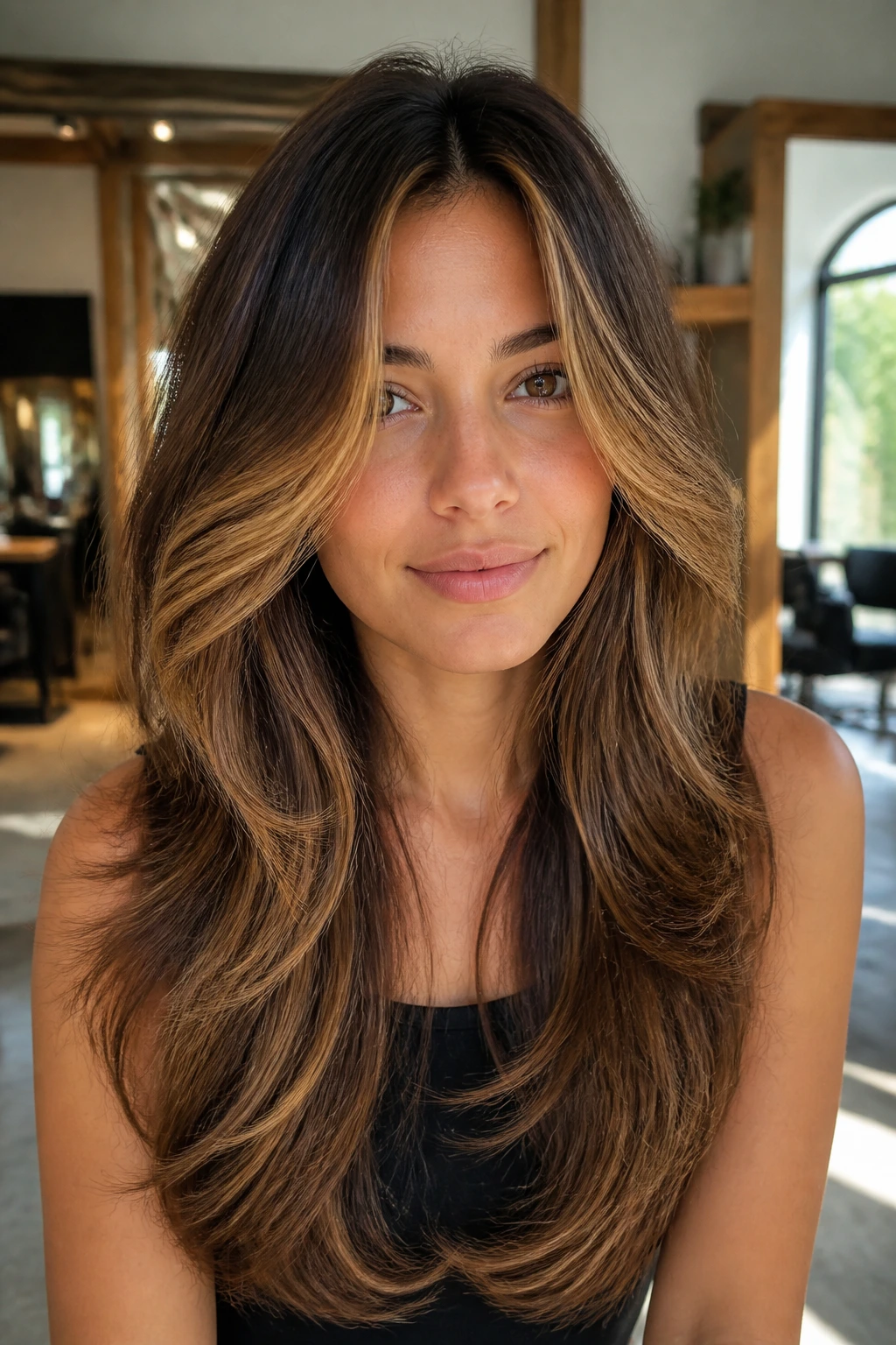 Close-up portrait of a real woman with long feathered layers and caramel face framing in a sunlit salon.