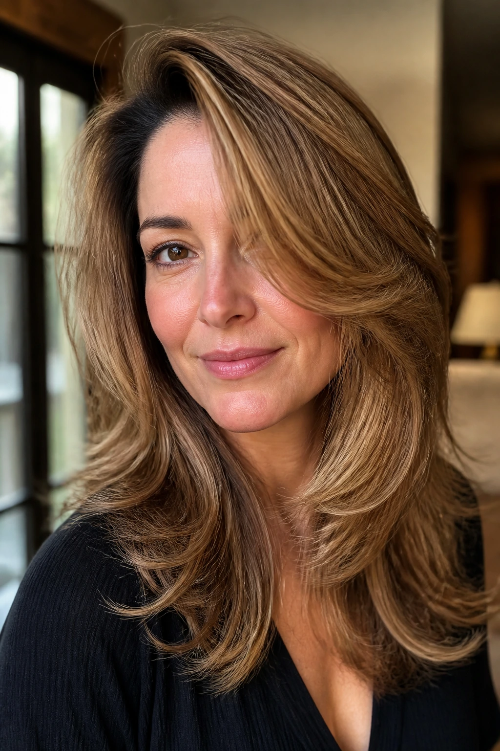 Close-up of a real woman with feathered layers and a deep side part, caramel highlights.