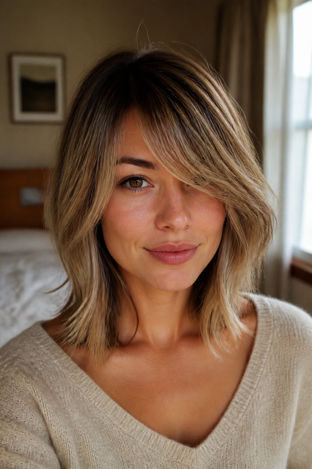 Close-up of a real woman with feathered clavicle-length layers and side-swept bangs in natural window light