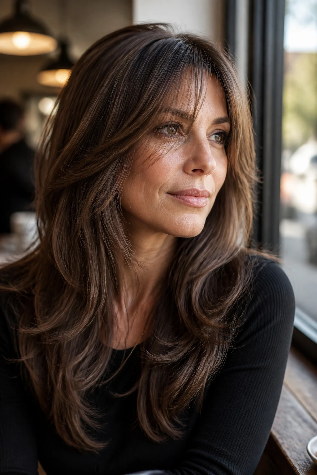 Close-up portrait of a real woman with feathered layers and cocoa lowlights.
