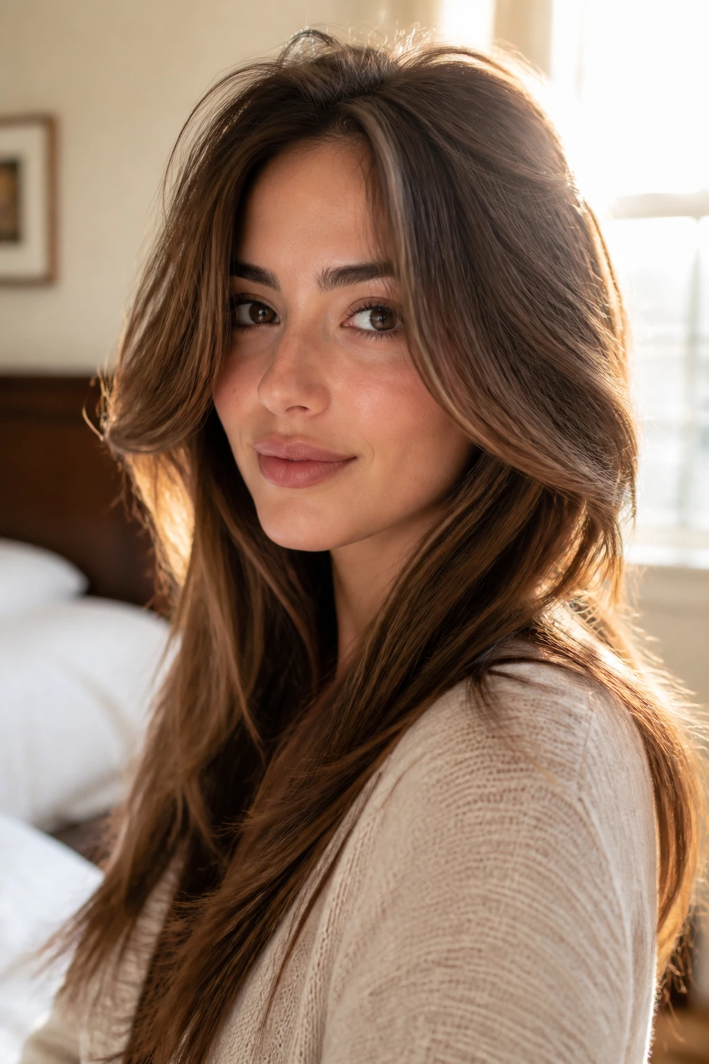 Portrait of a woman showing crown lift and front sweep to enhance feathered layers.