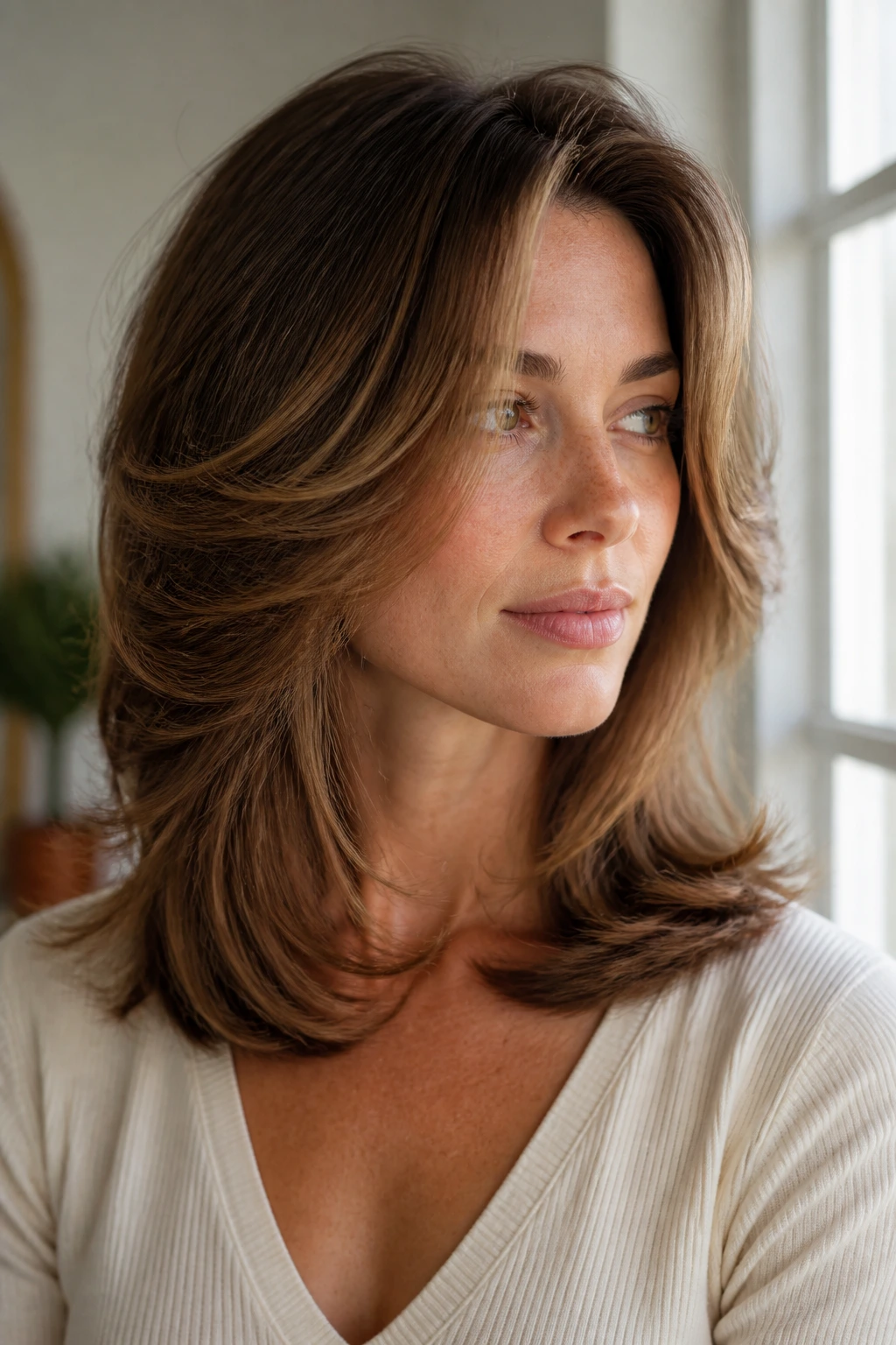 Portrait of a woman with feathered layers curling away from the face