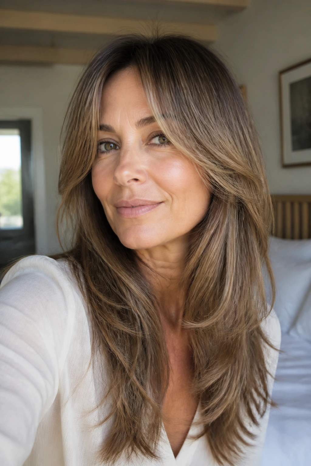 Woman with long feathered layers and curtain bangs in a natural light setting