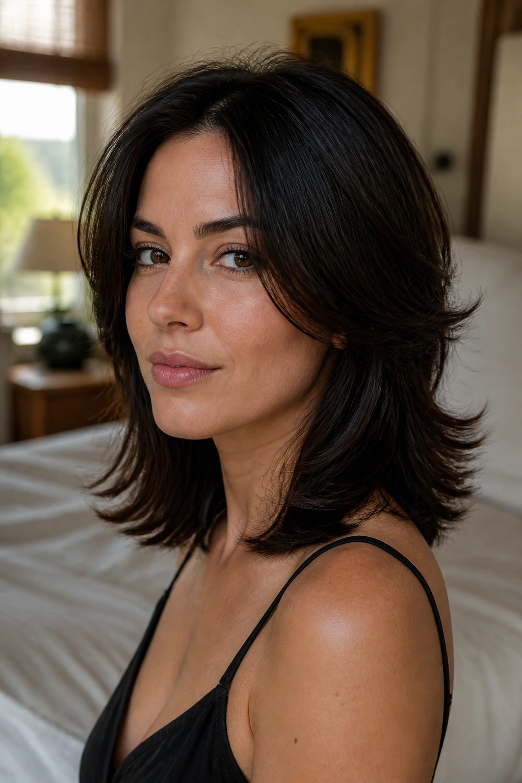 Close-up of a real woman with feathered shoulder-length layers on dark hair under natural window light