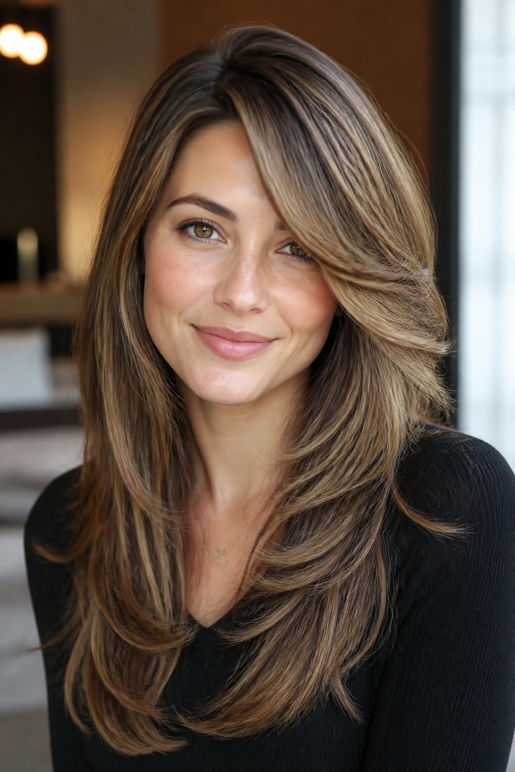 Close-up of a real woman with feathered layers and a deep side part