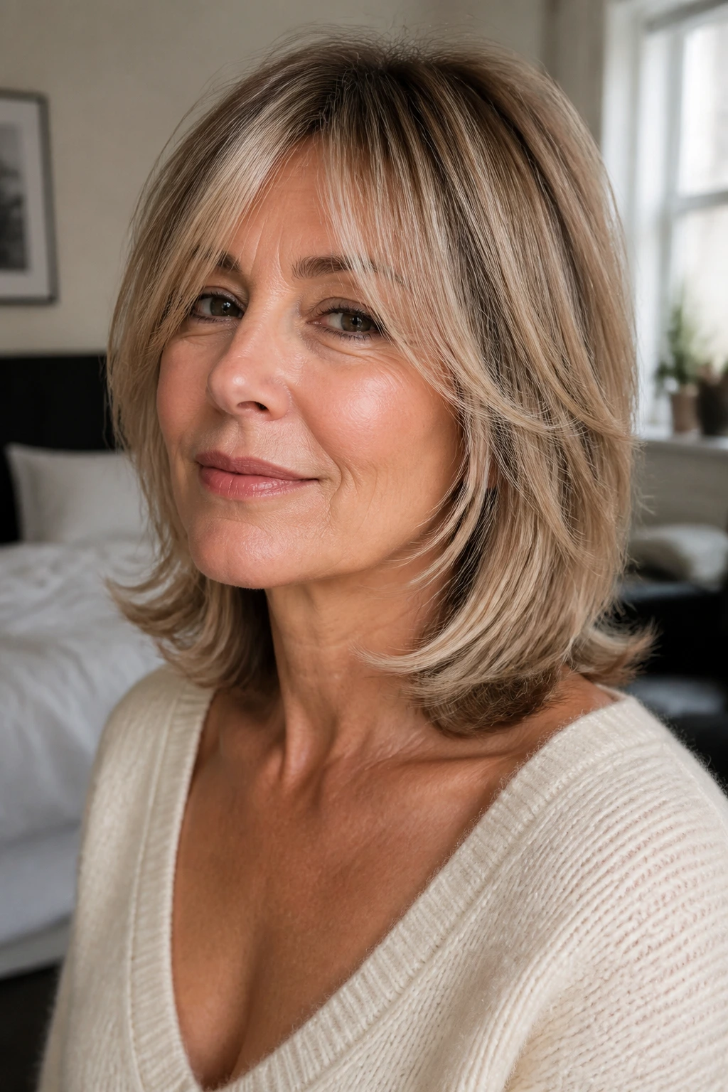 Close-up of a real woman with feathered layers on fine hair at the jawline in a cozy bedroom