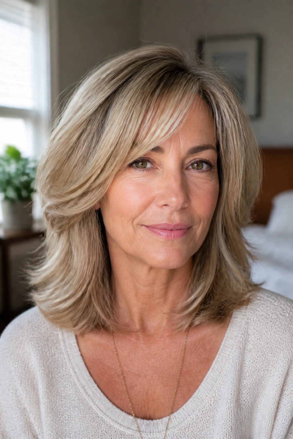 Close-up portrait of a real woman with feathered layers in fine hair, face-framing motion