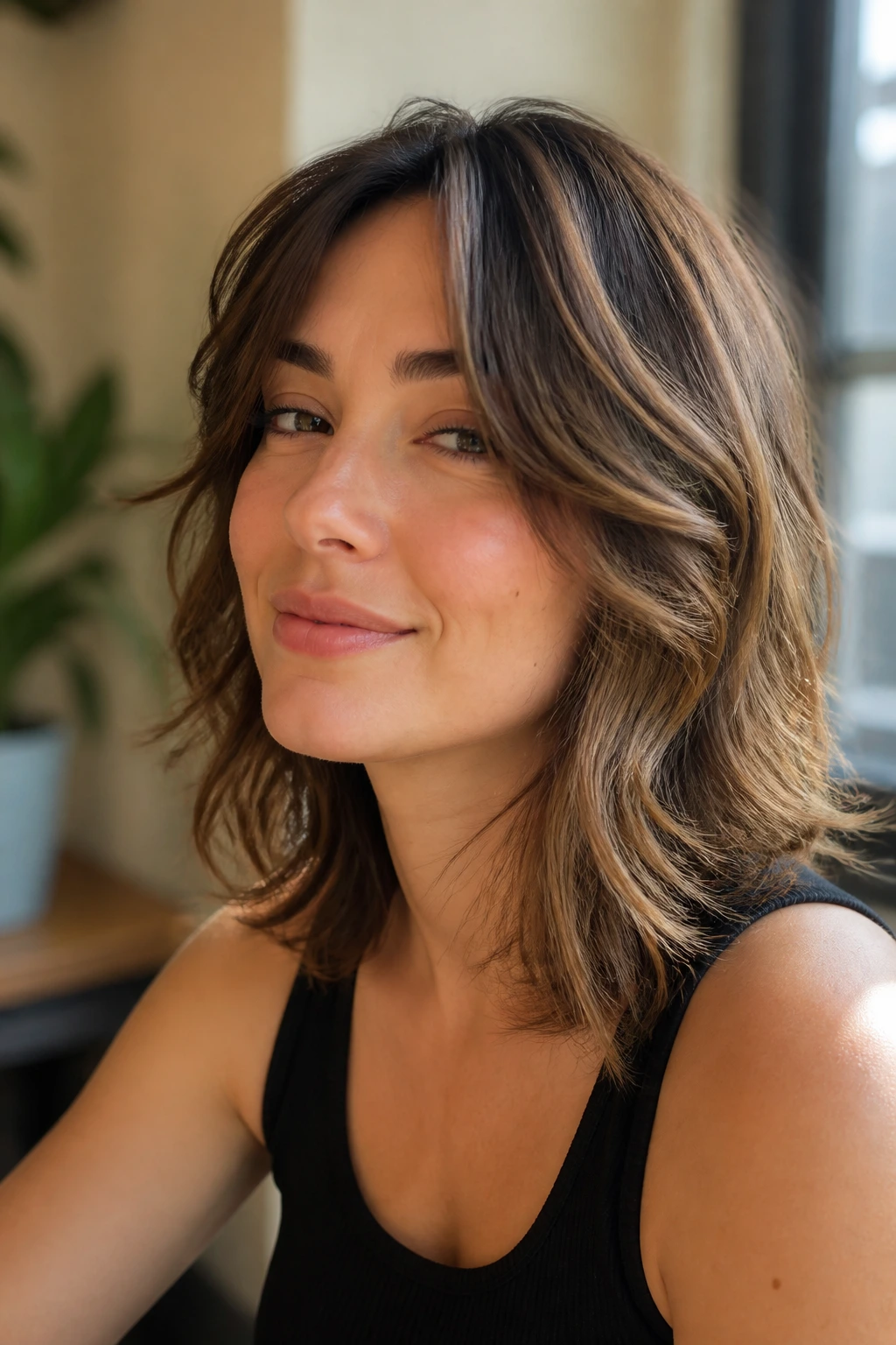 Close-up portrait of a real woman with feathered layers in fine waves.