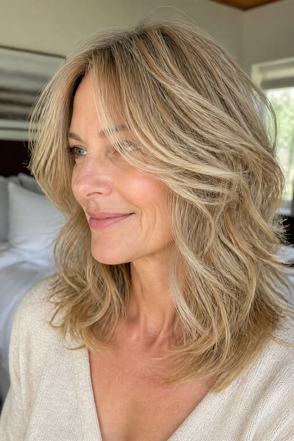 Close-up portrait of a real woman with feathered layers on fine wavy hair in soft daylight