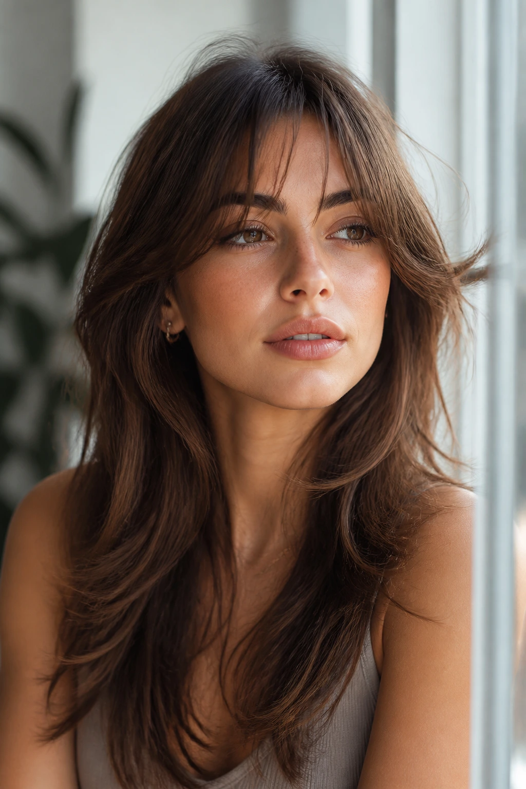 Close-up portrait of a real woman with feathered layers and airy fringe