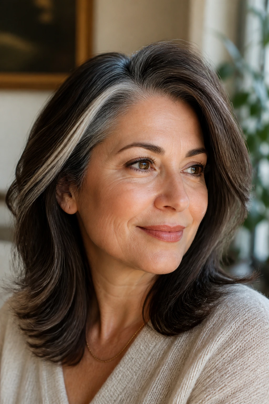 Portrait of person with feathered side-part layers breaking up gray grow-out line