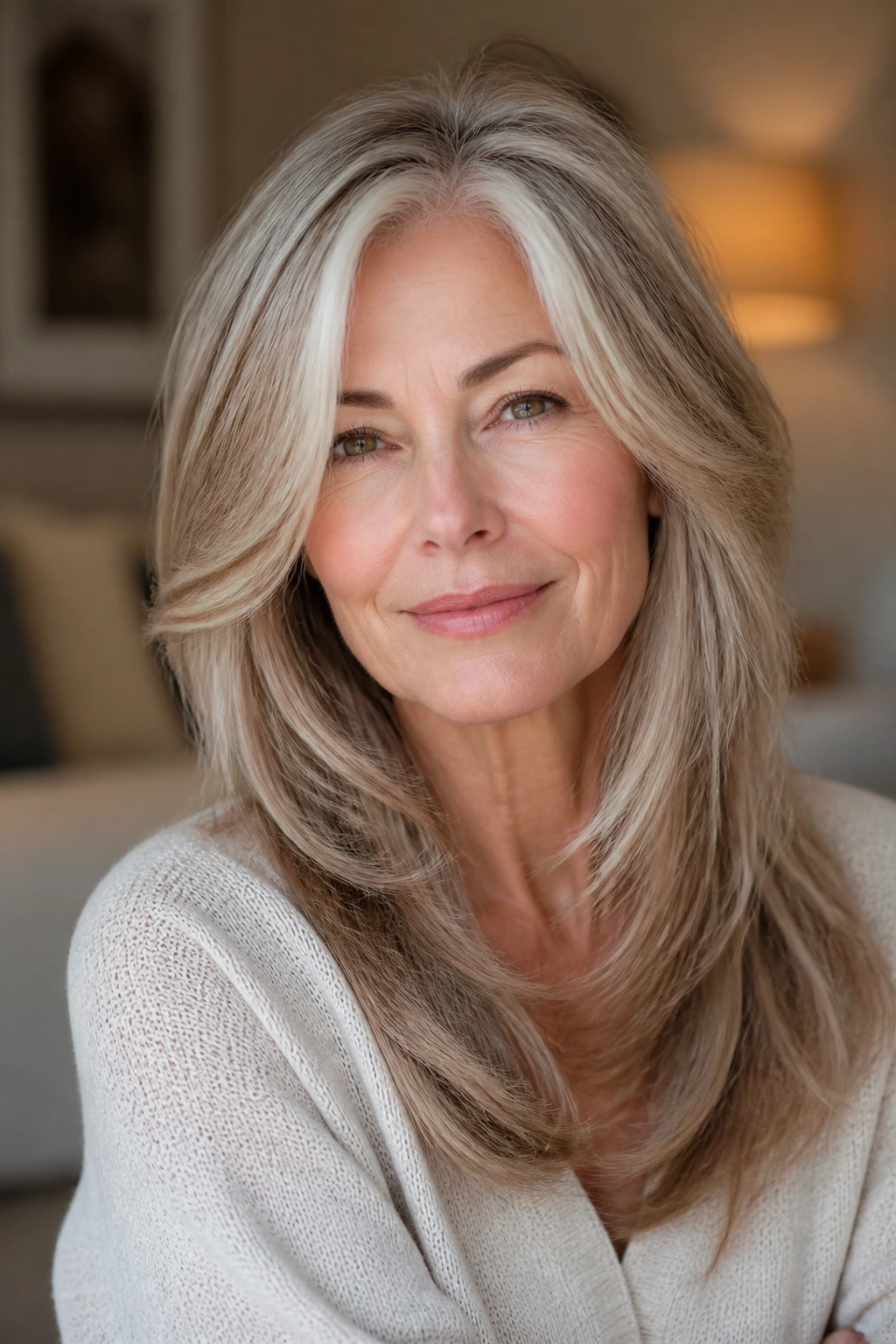Portrait of a real woman showing feathered layers sweeping away from the face