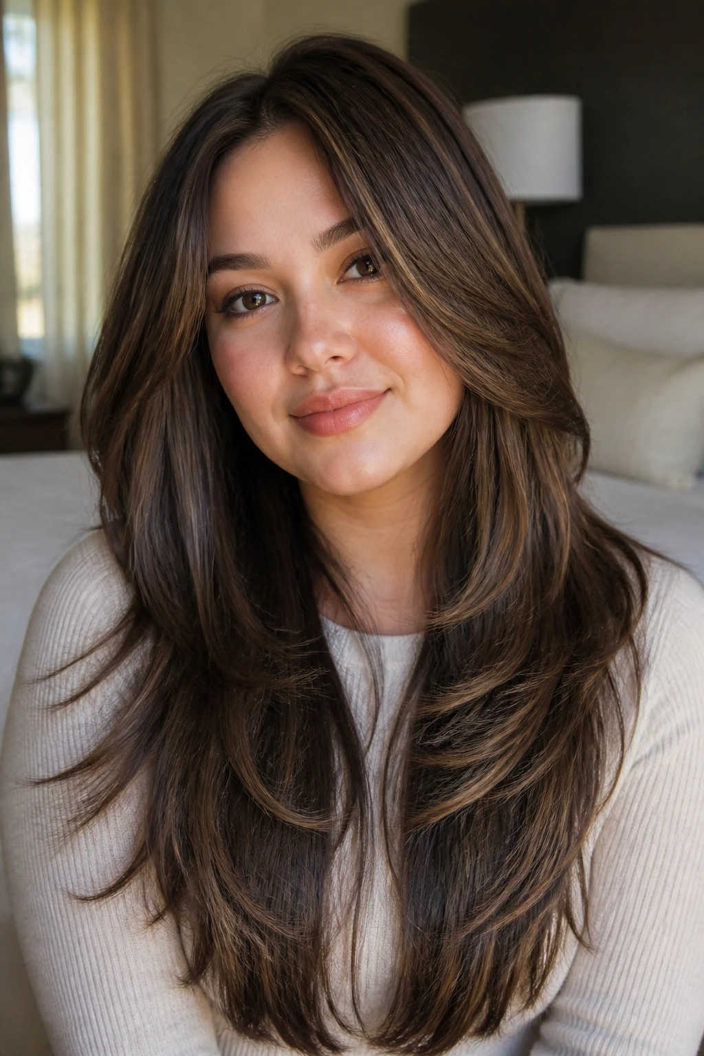 Close-up of a real woman with long feathered layers around the face in soft bedroom light