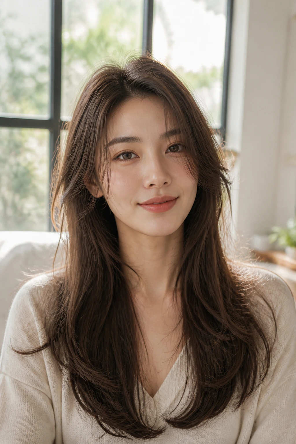 Close-up of a woman with feathered long layers that skim the face