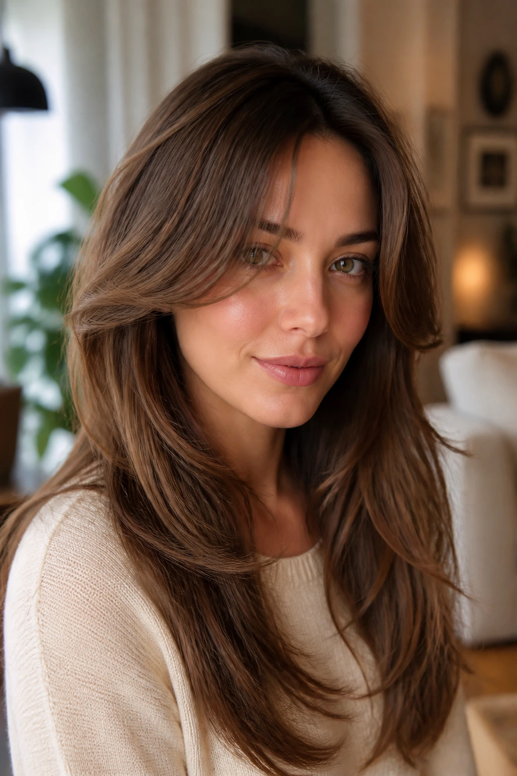 Close-up portrait of a real woman with feathered layers framing a heart-shaped face
