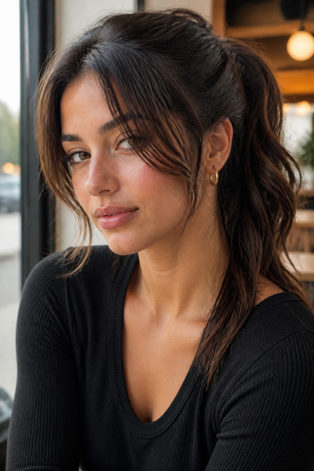 Close-up of a real woman with feathered layers around the face and a ponytail.