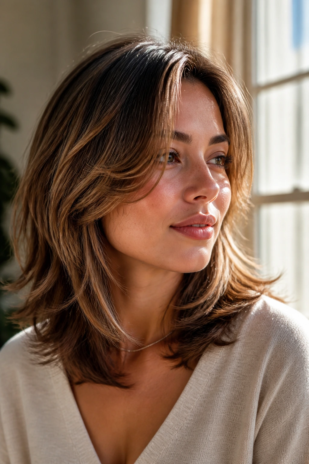 Close-up portrait showing feathered layers framing the face